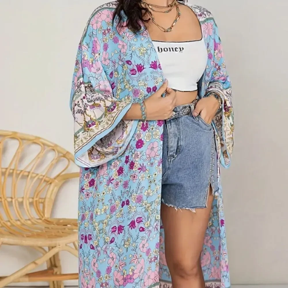 NEW! PLUS Size Boho Pattern Floral Long Kimono Cover Up Beach Bohemian Cruise